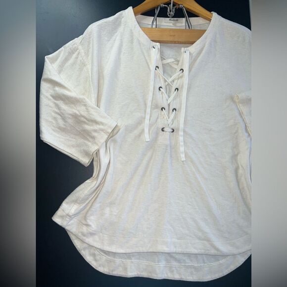 Madewell Light Cream Libra Lace-Up Tee Size Medium EUC - Picture 1 of 9